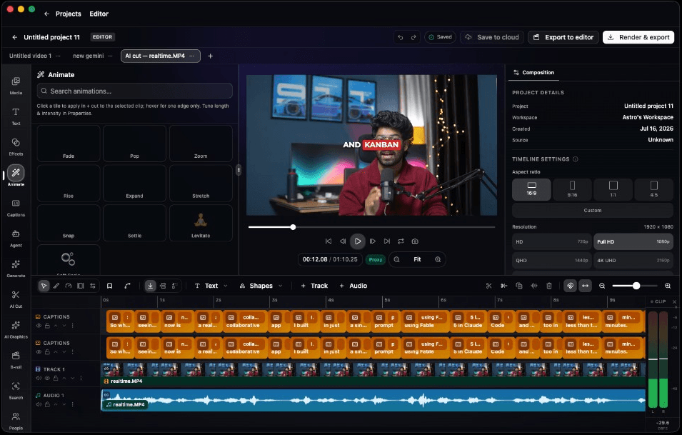Superbloo video editor showing its preview, properties, captions, and layered video and audio timeline